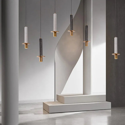 Lampe moderne Terrazzo lustre en marbre projecteur cylindrique suspension Restaurant réception marbre Led lustre trou pierre - vue 10 sur 13
