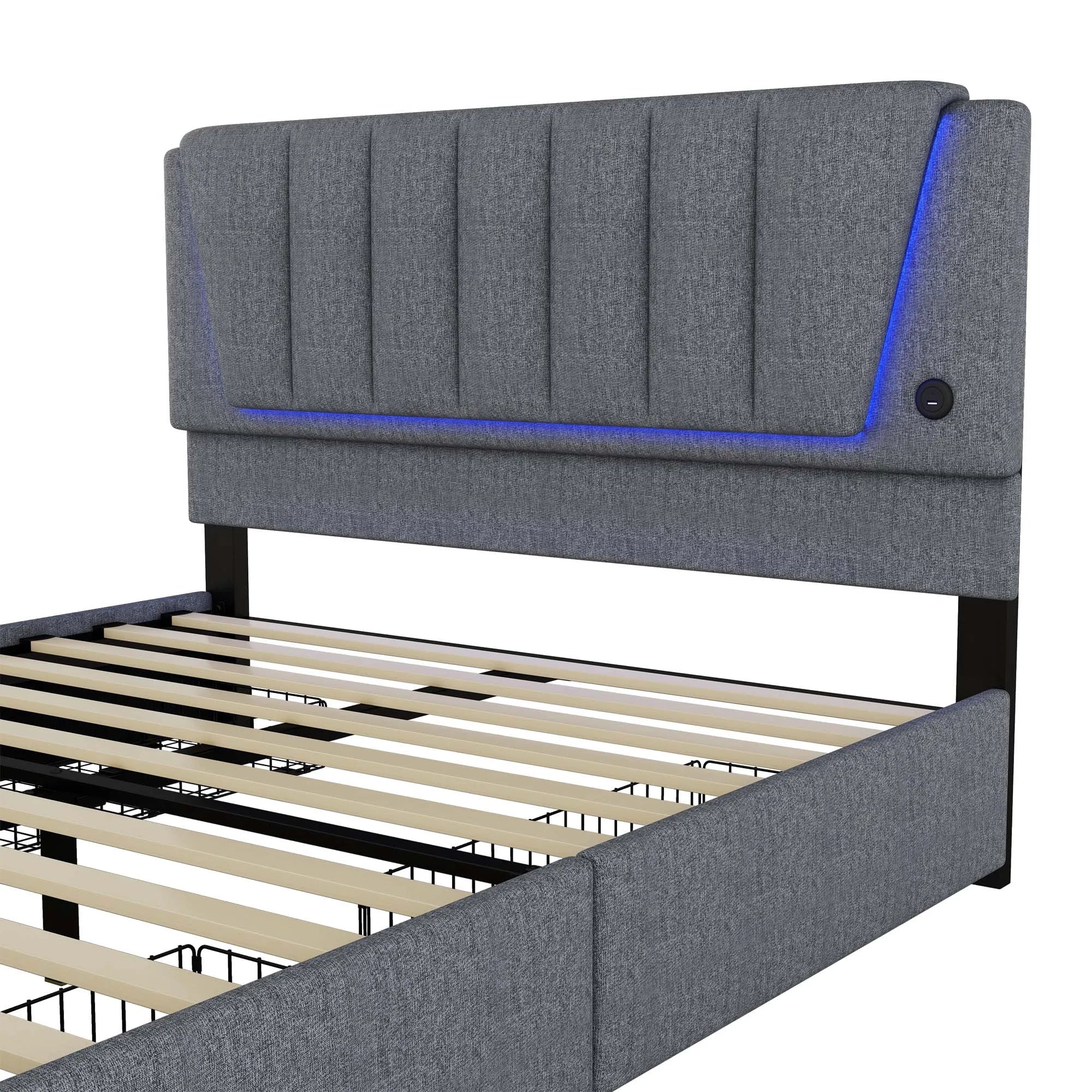 Upholstery bed, 160x200cm, bed with slatted frame (without mattress), remote control room light, bed with four drawers, adjustable
