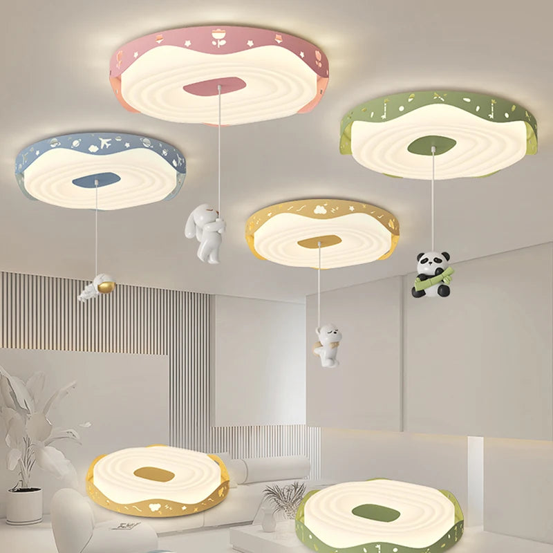 Nordic Kids Bedroom Pendant Lamps Pink Green Yellow Blue Rabbit Panda Bear Astronaut Children's Room Ceiling Light Round Shape - vue 2 sur 14