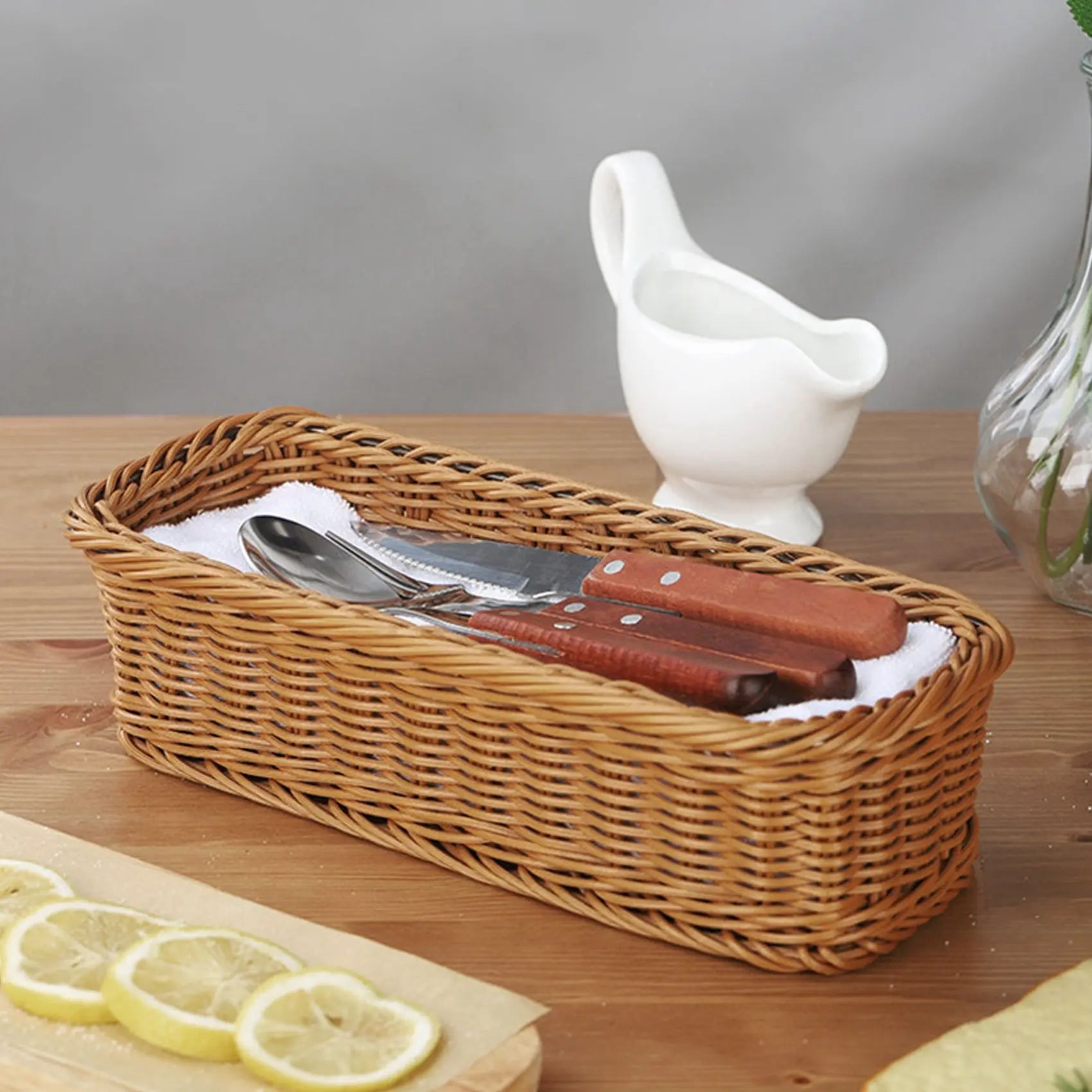 Desktop Cutlery Storage Basket Woven Basket Restaurant Tableware Drain Storage Box Tableware Storage Basket, Brown - vue 4 sur 7