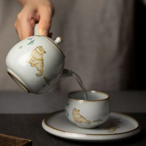 Theiere ceramique ru kiln motif chat poignee laterale