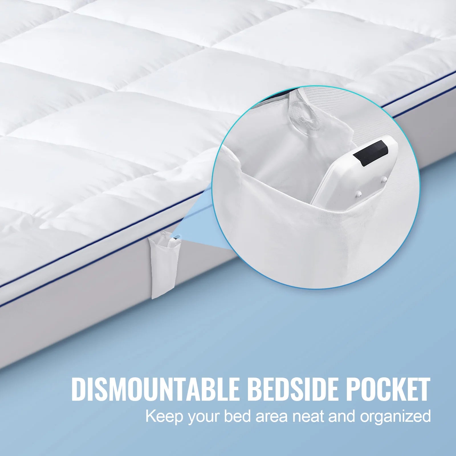 VEVOR Mattress Topper 1" Thickness Fiber Fill Pad with Detachable & Washable Layer, Detachable Bedside Pocket for Holding Items - vue 4 sur 7