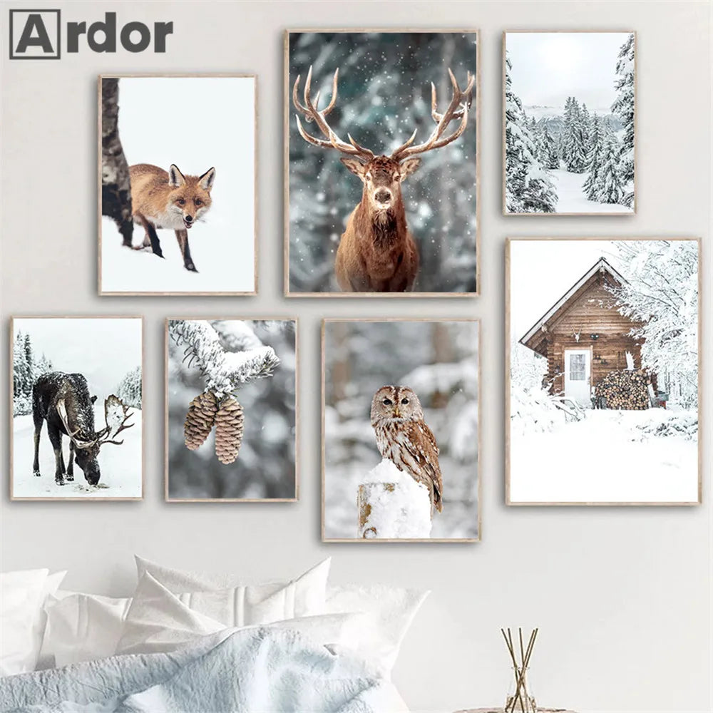 décoration murale renard hibou cerf forêt hiver neige - vue 3 sur 7