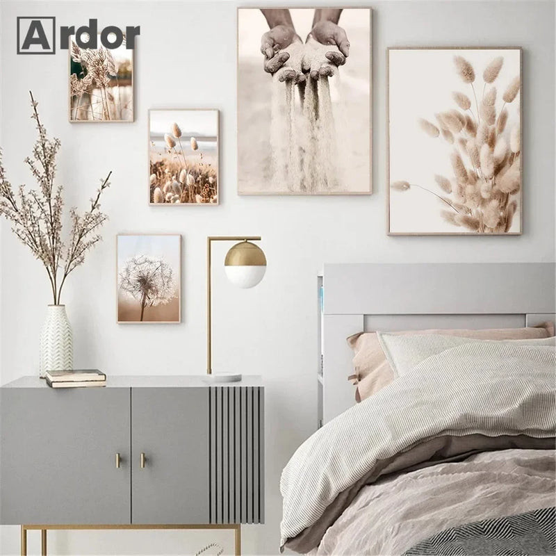 art mural nordique coucher de soleil oiseaux fleurs empreintes de main