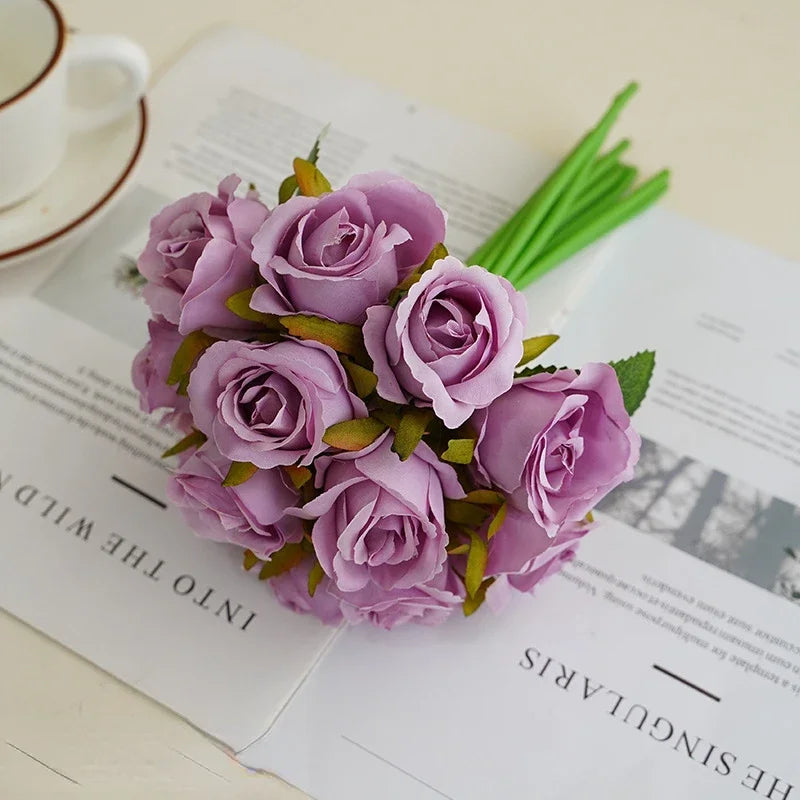 bouquet de roses artificielles en soie décoration florale pour table - vue 8 sur 15