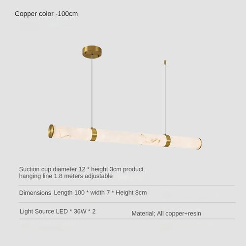 Modern Minimalist All Copper Light Luxury Resin Dining Table Island, High-end Long Strip Straight Line Lighting Decorative Lamp