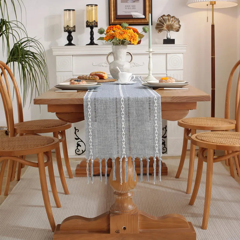 Chemin de table bohème rustique tressé franges rayures