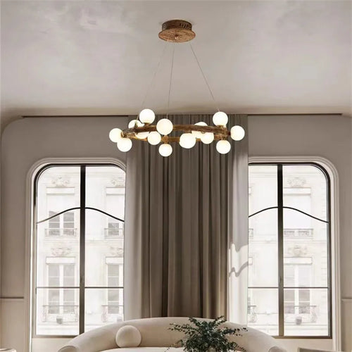 lustre nordique en bois avec anneau de personnalité et verre laiteux