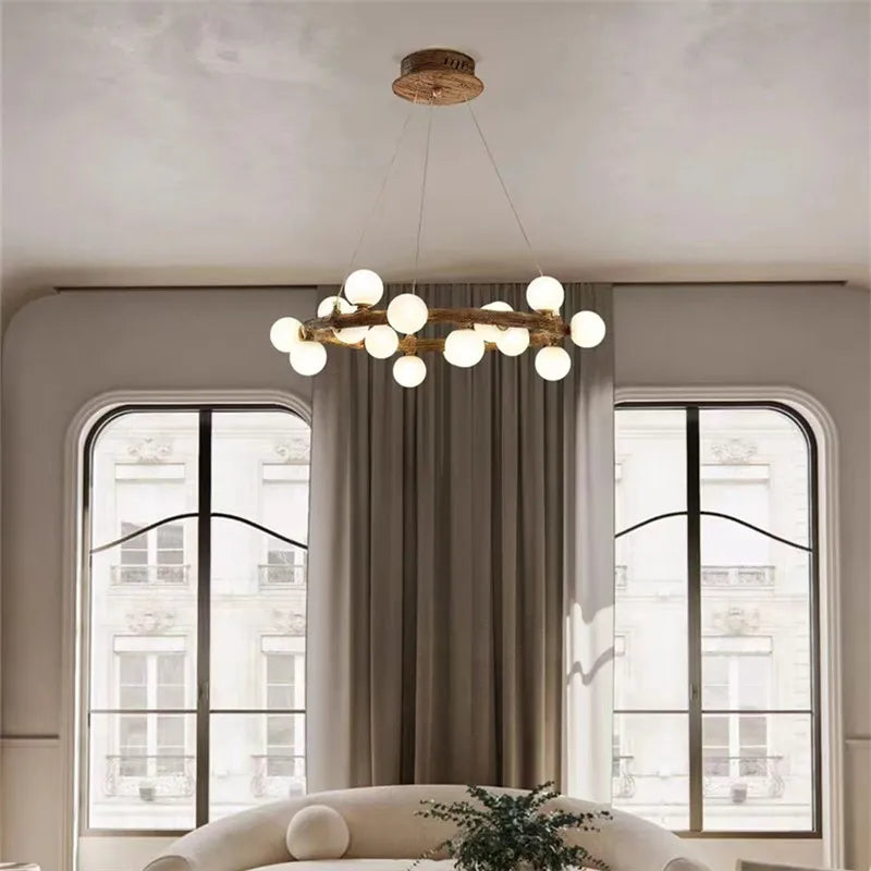 lustre nordique en bois avec anneau de personnalité et verre laiteux - vue 6 sur 11