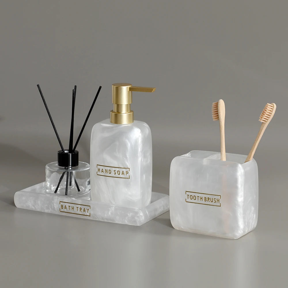 Bathroom Accessories White Pearl Look Bathroom Vanity Countertop Accessory Set,Soap Dispenser,Toothbrush Holder Set,Tray - vue 4 sur 7