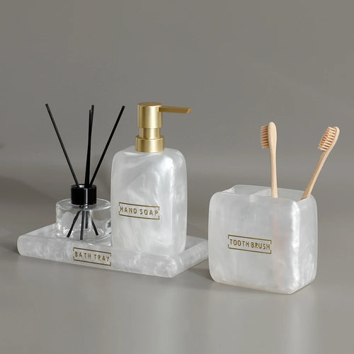Bathroom Accessories White Pearl Look Bathroom Vanity Countertop Accessory Set,Soap Dispenser,Toothbrush Holder Set,Tray - vue 5 sur 7