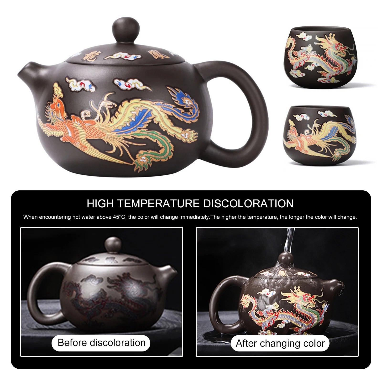 Théière gongfu en argile dragons phénix changeante - vue 6 sur 7