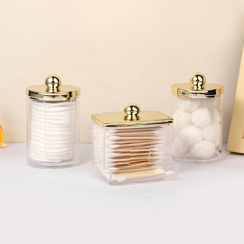 1/3 pcs Qtips Dispenser Bathroom Container with Golden Lid , 10 oz Cotton Ball Holder, Clear Plastic Apothecary Jar Organizer - vue 5 sur 9