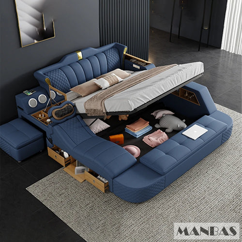 Tech Smart Bed 2 People with King Size Bed Frame Queen, Genuine Leather, Massage, USB, Bluetooth Speaker, and Safe By MINGDIBAO - vue 4 sur 8