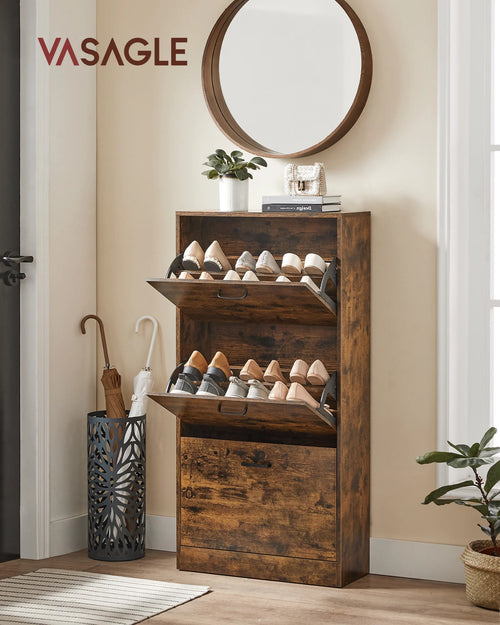 VASAGLE 3-Leaf Shoe Cabinet, 3-Tier Storage Cupboard, Rustic Brown - vue 2 sur 7