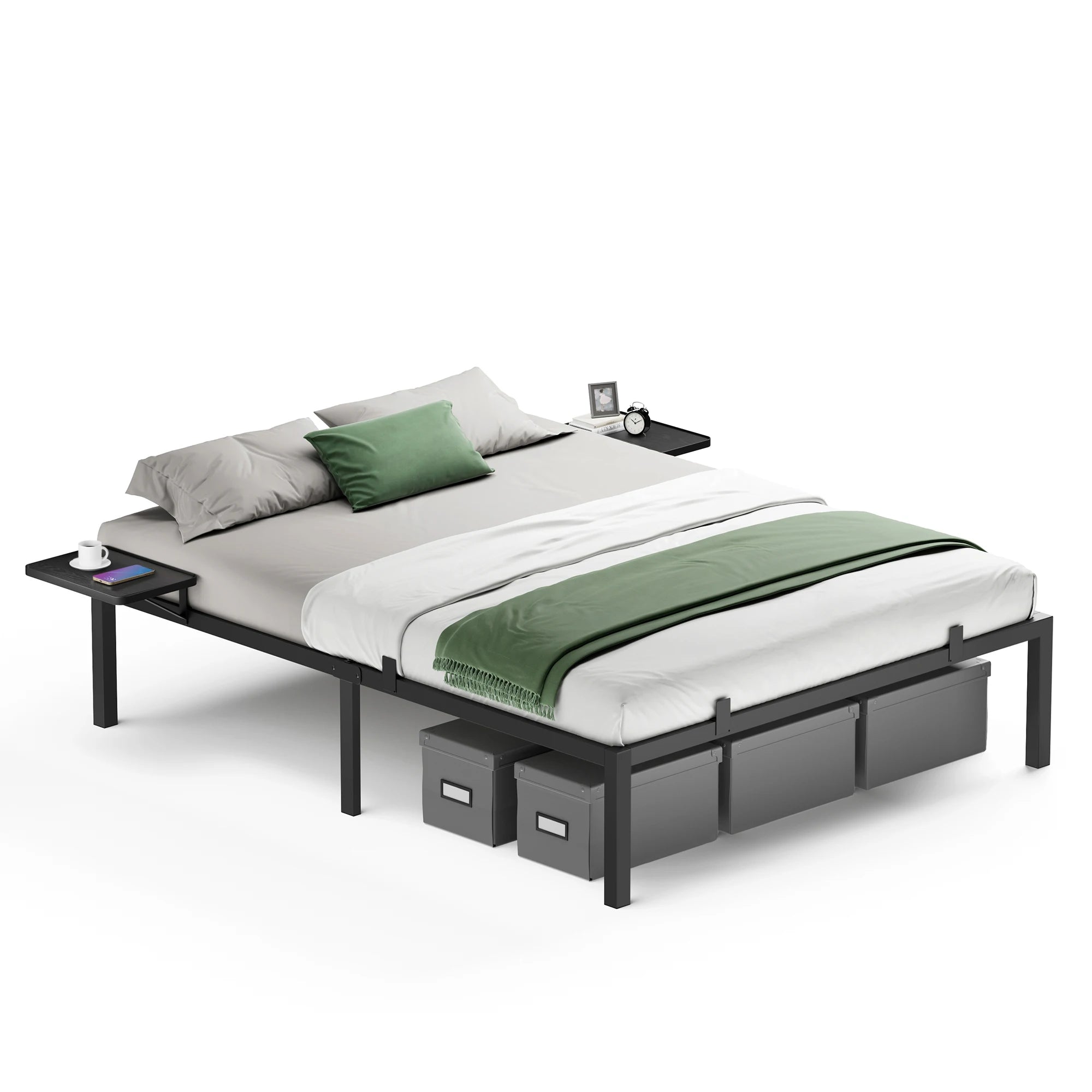 VASAGLE Single Bed Frame, Metal Bed Frame, with Bedside Shelves, Guest Bed Frame, for 90 x 190 cm Mattresses, Easy Assembly - vue 6 sur 7