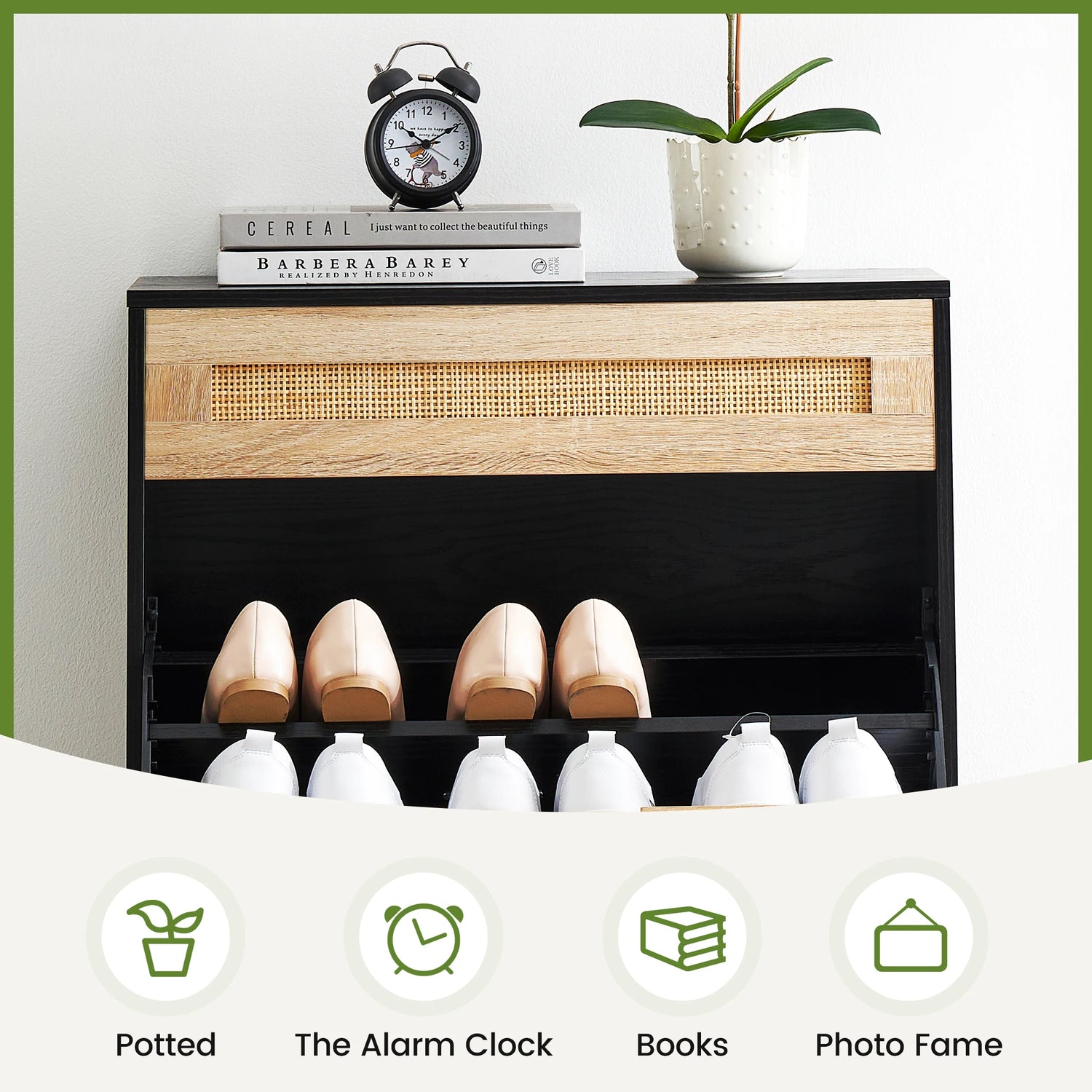 Natural Rattan Storage Cabinet with 2 Flip Door 1 Drawer Freestanding Entrance Shoe Cabinet, Modern Narrow Entry Way Cabinet