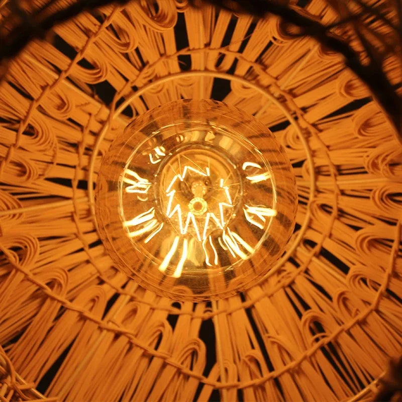 Chinese rattan pendant light, hand woven straw hat lampshade pendant light, living room decoration, indoor lighting fixtures - vue 5 sur 14