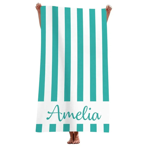 Serviette de plage rayée personnalisée microfibre prénom géométrique