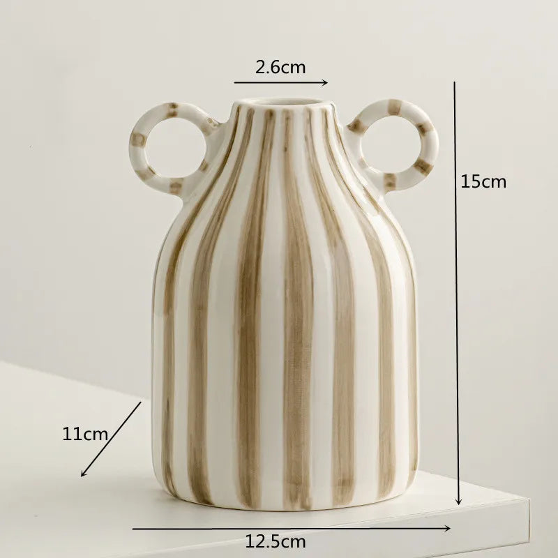 Double Ear Ceramic Vase, Abstract Black and White Striped Hydroponic Vase, Living Room Decoration, Room Aesthetic Decoration - vue 8 sur 14