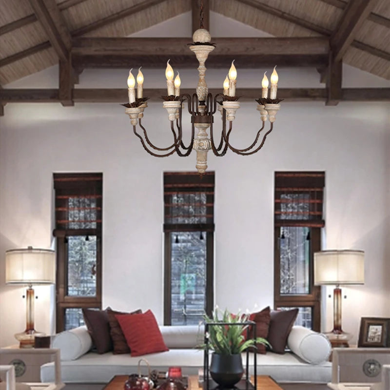 lustre rétro artisanal en bois massif luminaire décoratif suspendu - vue 4 sur 9