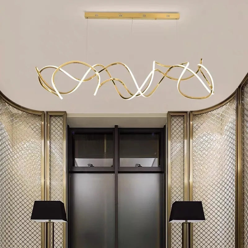 Minimalist modern stainless steel chandelier with decorative waves - vue 4 sur 7