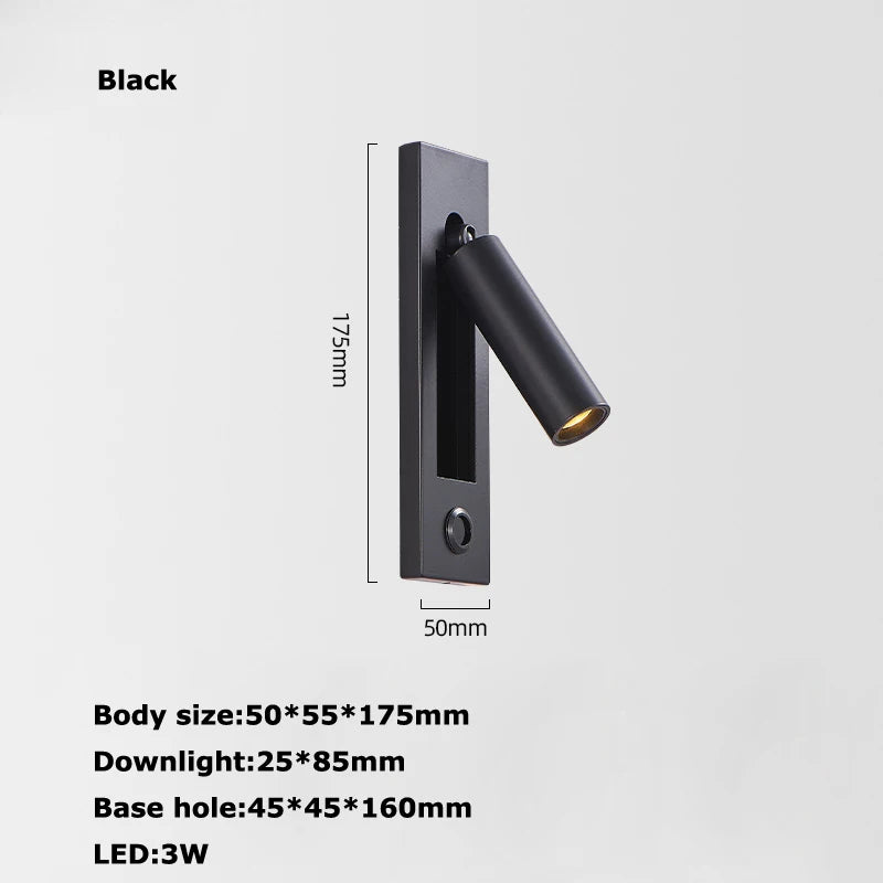 Black Brass Rectangular LED Wall Lamp Wall Sconce Wall Spotlight Reading Light with Switch and USB Port, Rotatable For Bedroom