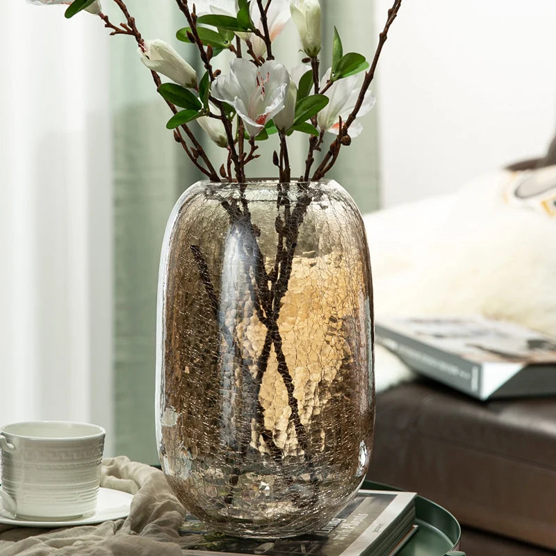Light luxury handicraft ornaments, ice flower colored glass vase, large transparent glaze ware - vue 3 sur 11