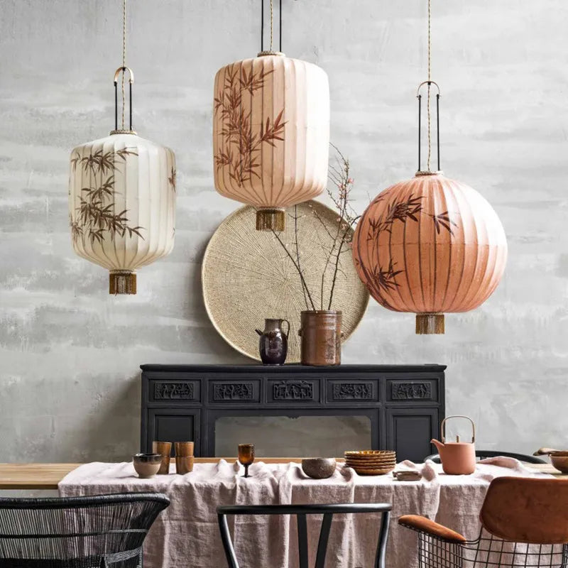 Nouvelle lampe lanterne en tissu chinois pour Restaurant salon rétro hôtel chez l'habitant balcon motif dessiné à la main lustre ampoule gratuite