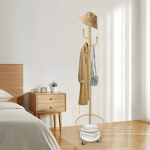 Standing Coat and Hat Hanger Organizer Rack with Mobile Wheel, Entryway Coat Hanger Stand with Storage Basket, Chic Home Tools - vue 6 sur 8