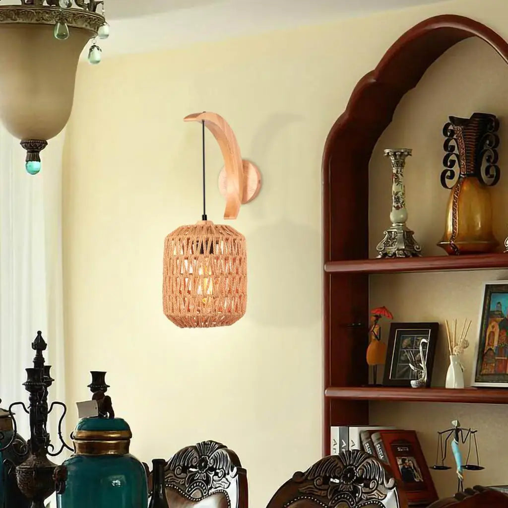 Vintage hemp rope and industrial wood wall light - vue 9 sur 9