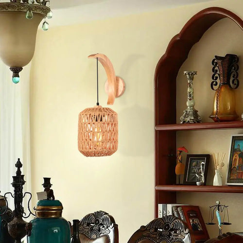 Vintage hemp rope and industrial wood wall light - vue 9 sur 9