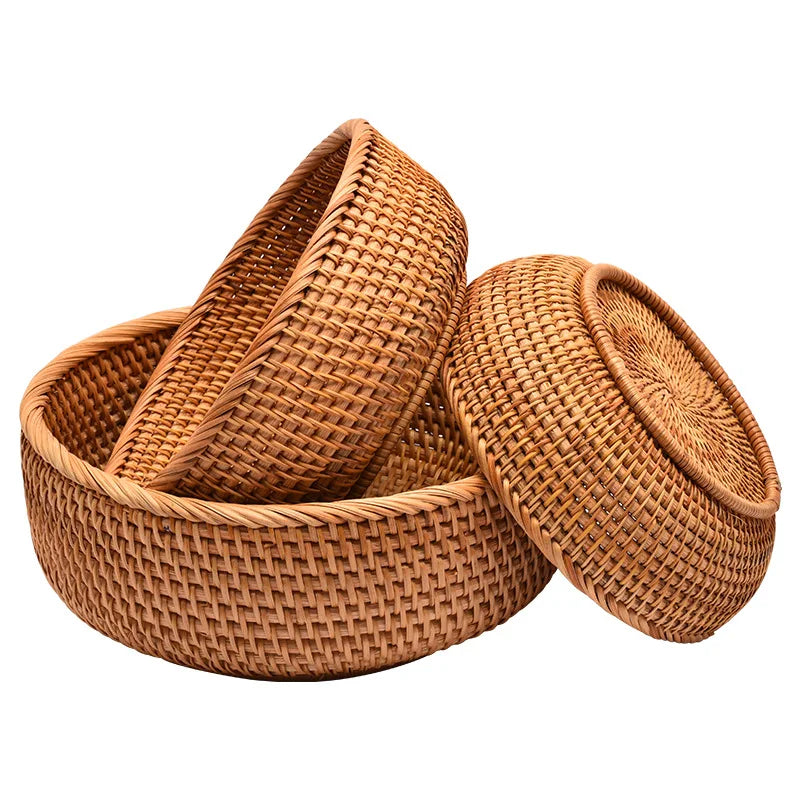 HeMu-Round Rattan Woven Basket, Wicker Fruit Basket, Bread Food, Kitchen Home Decor, Organizer Breadbasket for Kitchen - vue 4 sur 13