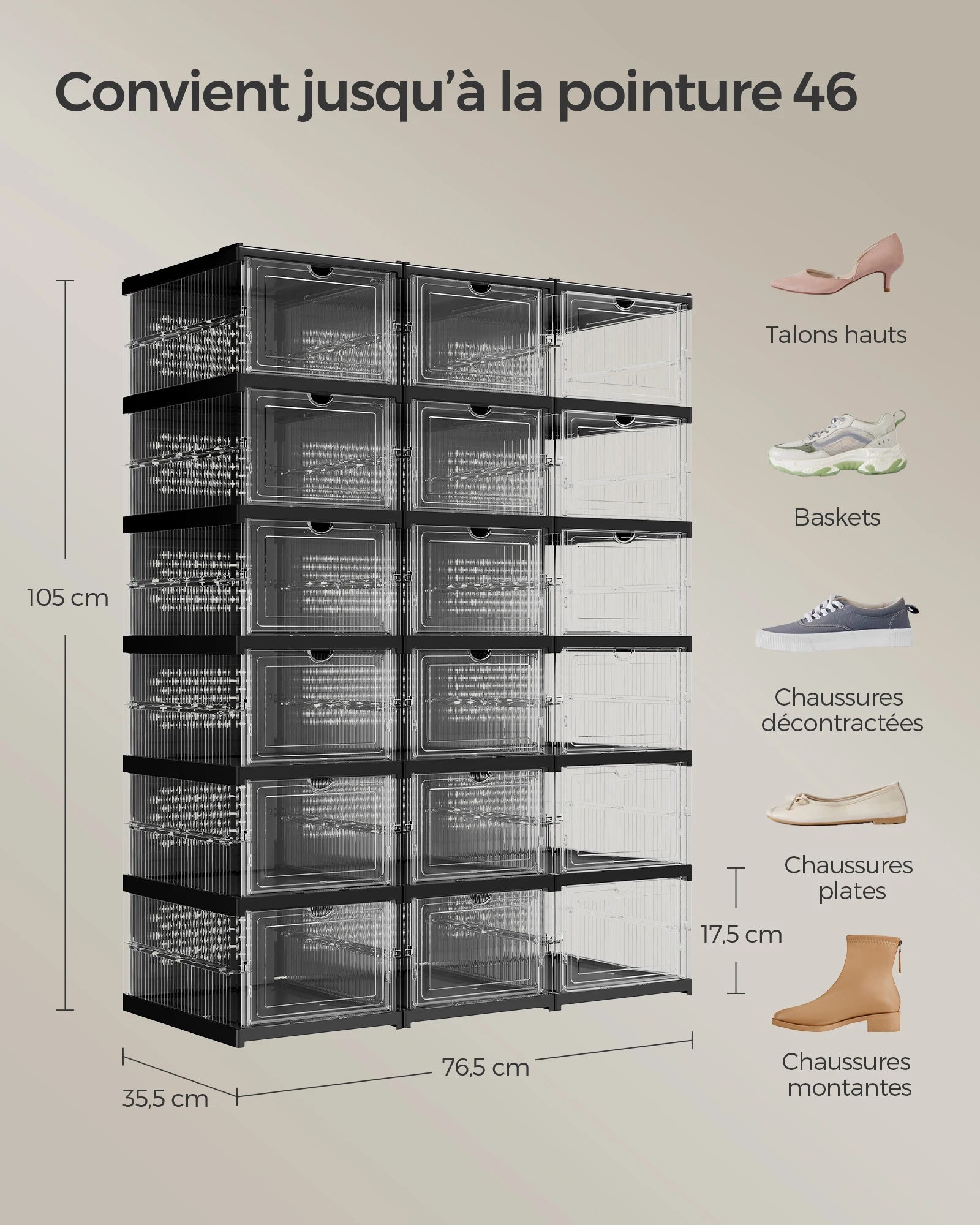 SONGMICS Shoe Boxes, Pack of 18 Stackable Shoe Storage Organizer, Set of 3 Integrated Shoe Cabinets, Foldable and Portable - vue 6 sur 8
