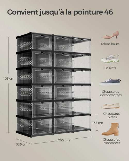 SONGMICS Shoe Boxes, Pack of 18 Stackable Shoe Storage Organizer, Set of 3 Integrated Shoe Cabinets, Foldable and Portable - vue 7 sur 8