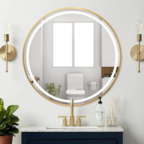 600mm Round LED Mirror Illuminated Lighted Wall Hanging Bathroom Mirror, Anti-fog, Golden/ Black Frame for Bathroom Entryway - vue 3 sur 8