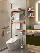 Wall-Mounted Toilet Brush Holder Set, Ceramic Base, Solid Wood, Luxury Bathroom Accessories, No Dead Corner