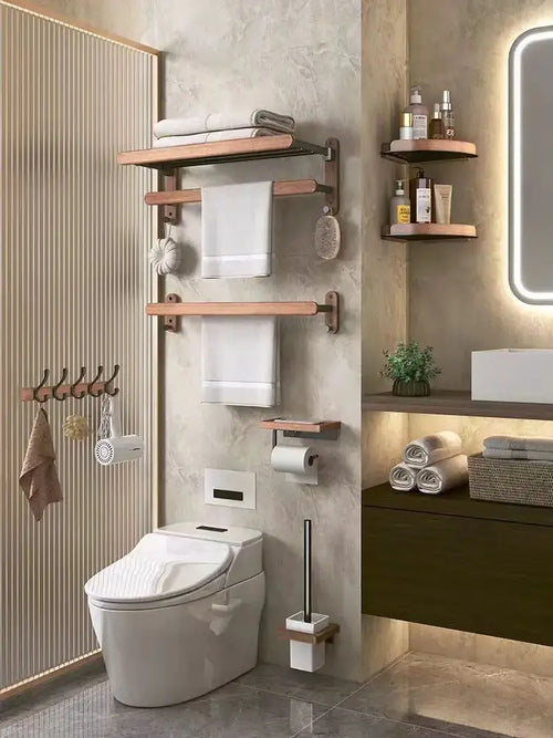 Wall-Mounted Toilet Brush Holder Set, Ceramic Base, Solid Wood, Luxury Bathroom Accessories, No Dead Corner - vue 7 sur 6