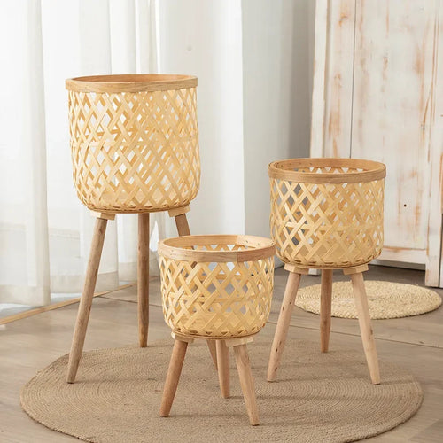 Nordic style rattan woven flower pot, indoor balcony, living room, plants, green ivy, hand woven wooden high legged floor flower - vue 6 sur 6