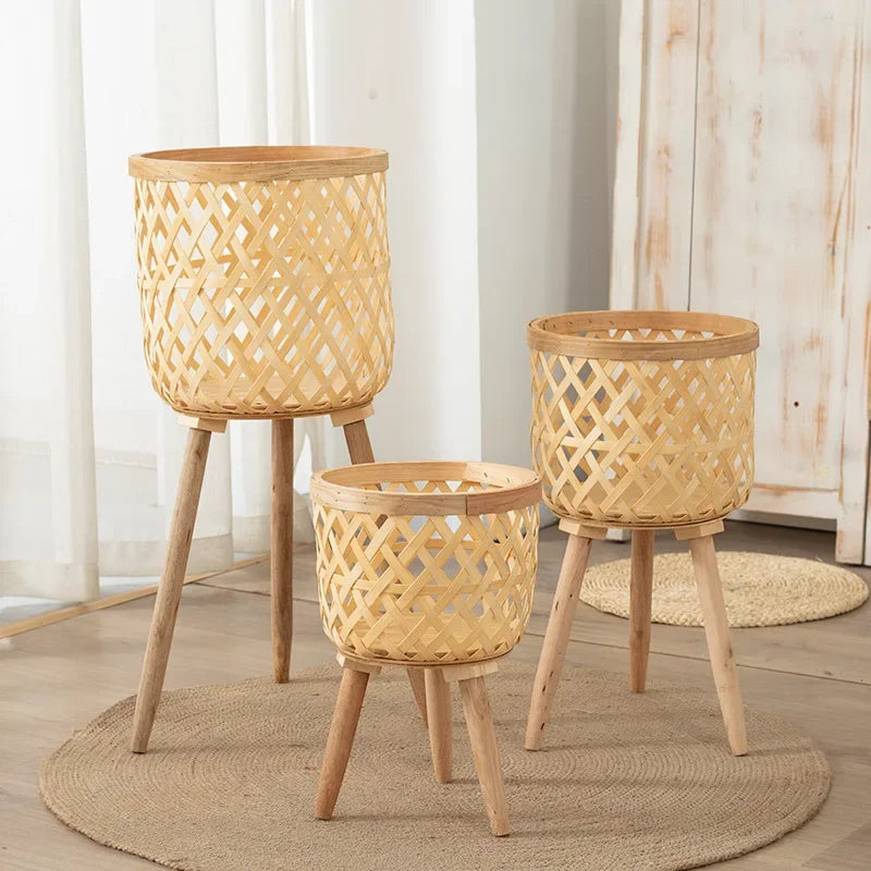Nordic style rattan woven flower pot, indoor balcony, living room, plants, green ivy, hand woven wooden high legged floor flower - vue 5 sur 6