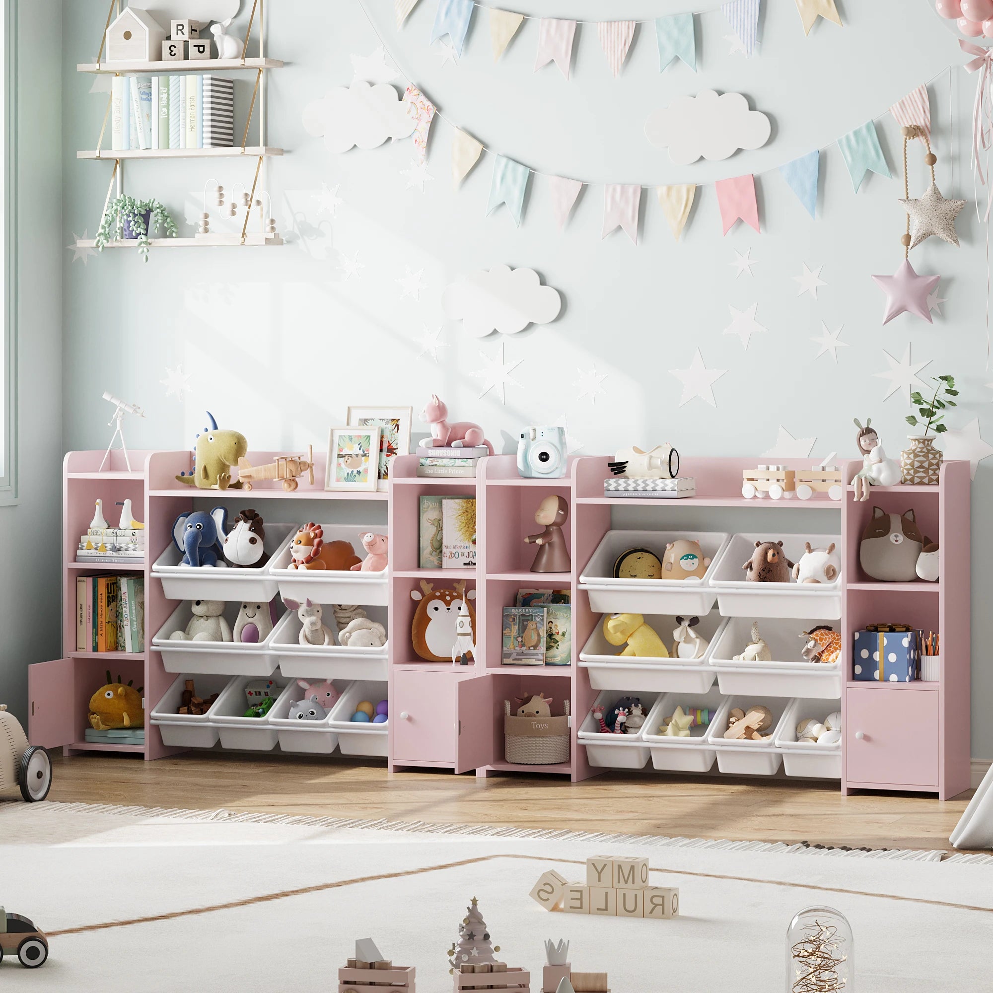 Getone Toy Storage Unit, Children's Bookcase, Toy Organiser with 8 Boxes and 9 Shelves 138x29x94 cm White/Pink - vue 5 sur 7