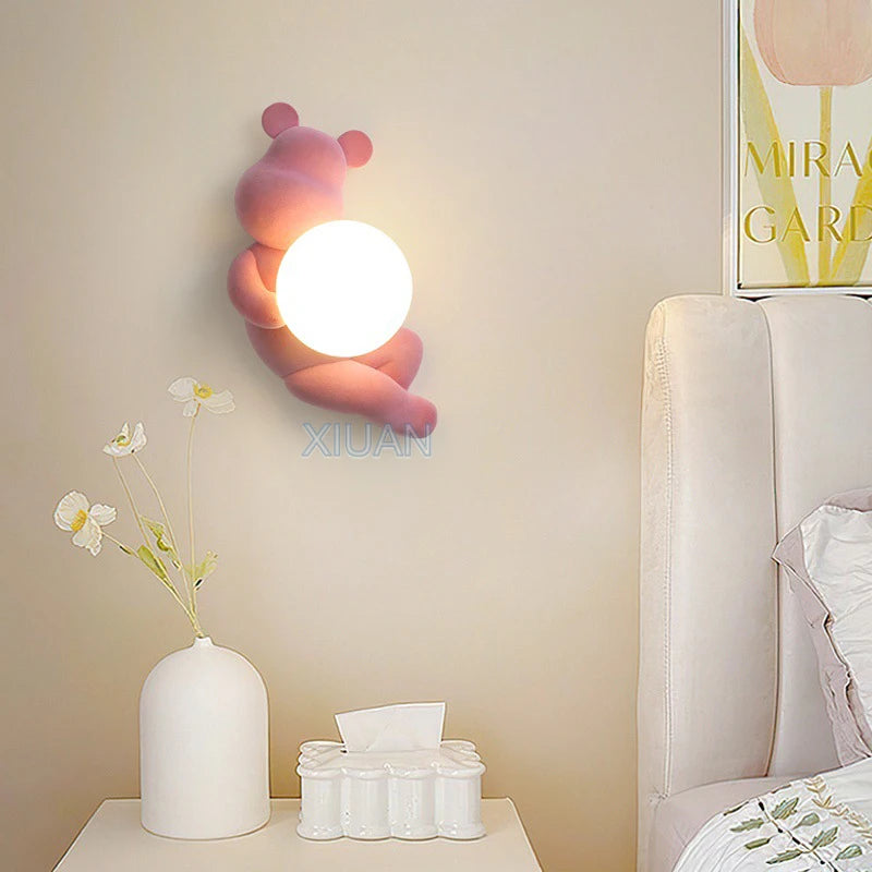 Chrome White Pink Bear Lights Art Design Bedroom Bedside Wall Lamps Resin Animal Glass Sconces Living Room Decorative Wall Light - vue 5 sur 18