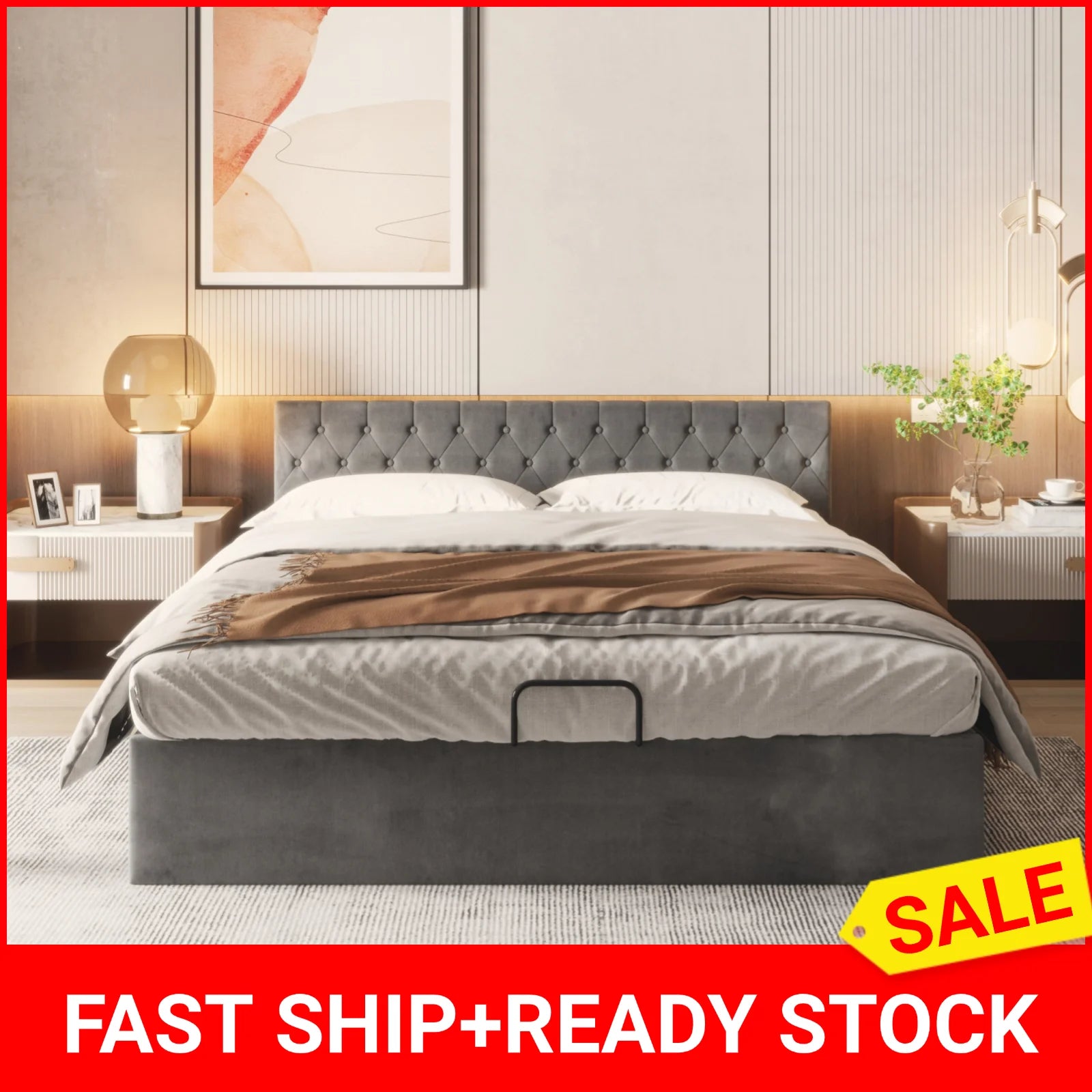 Upholstered Bed, Double Bed, Velvet Fabric, with Bed Box, Slatted Frame and Storage Space, Grey, 180 x 200 cm
