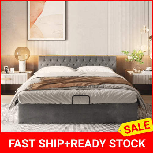 Upholstered Bed, Double Bed, Velvet Fabric, with Bed Box, Slatted Frame and Storage Space, Grey, 180 x 200 cm - vue 2 sur 7