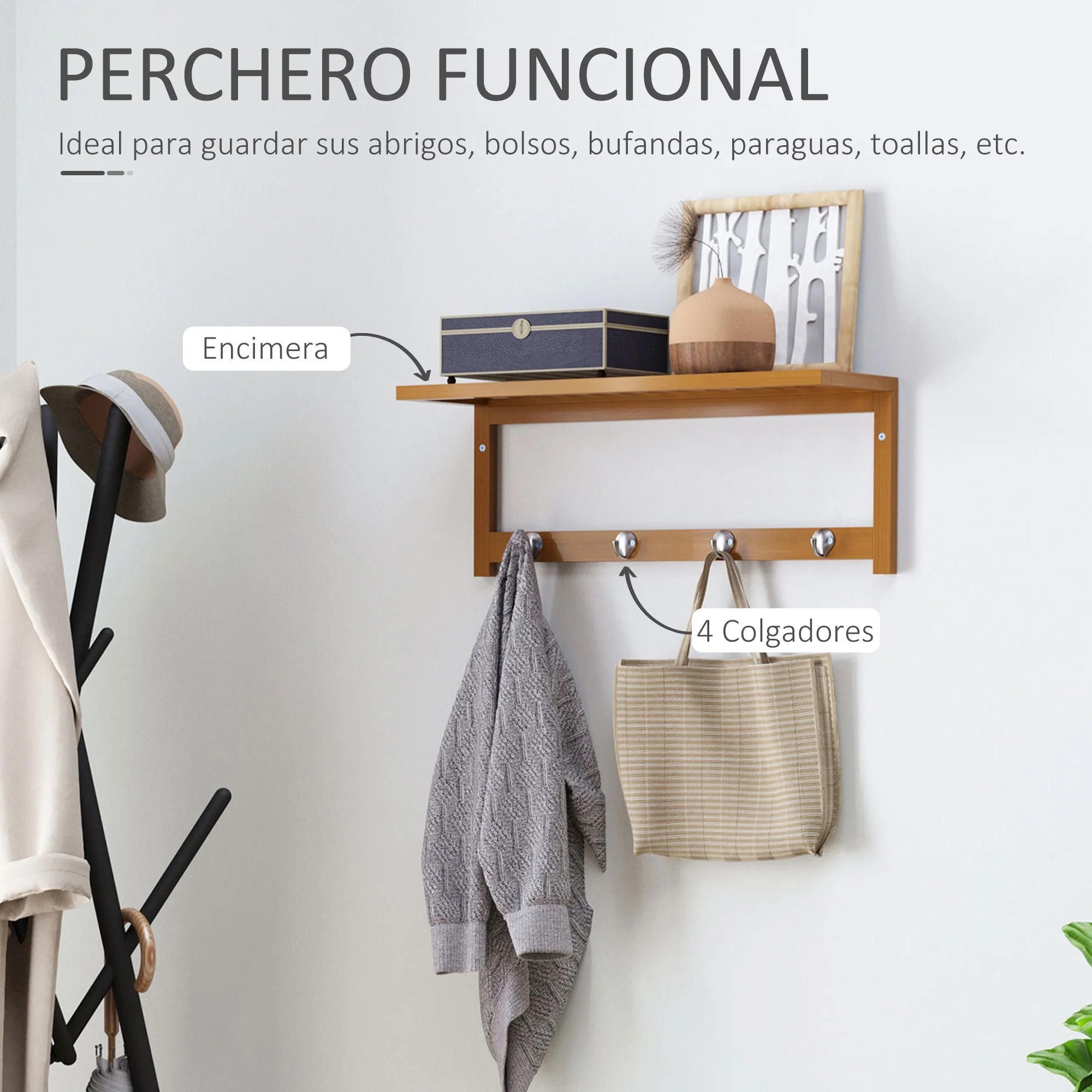 HOMCOM Wall hanger bamboo 4 hooks rack Wall towel rack 50x16x17.5cm - vue 4 sur 7