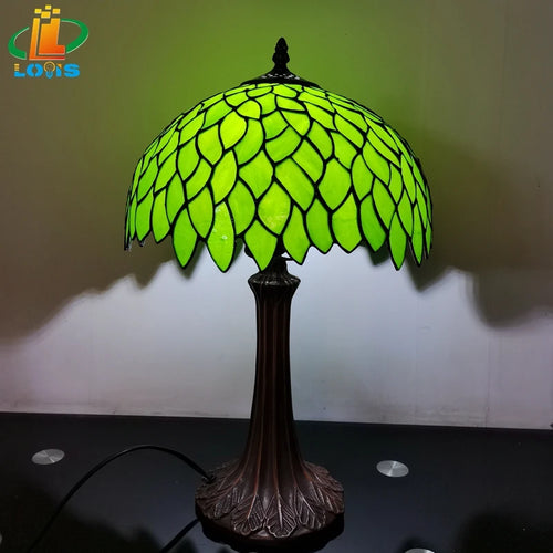 lampe à poser style tiffany avec feuilles vertes décorative - vue 5 sur 6