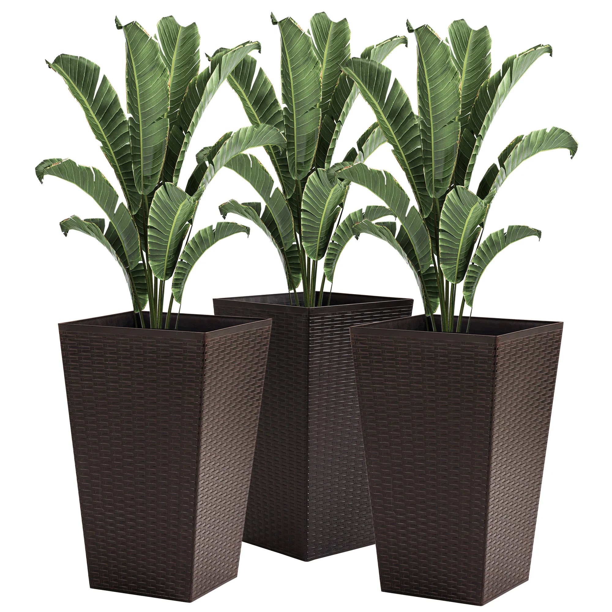 Outsunny Set of 3 Square Pots for Plants Flowers 3 Pot Mat Effect of Smile Rattan for Garden Terrace 36.5x36.5x61cm