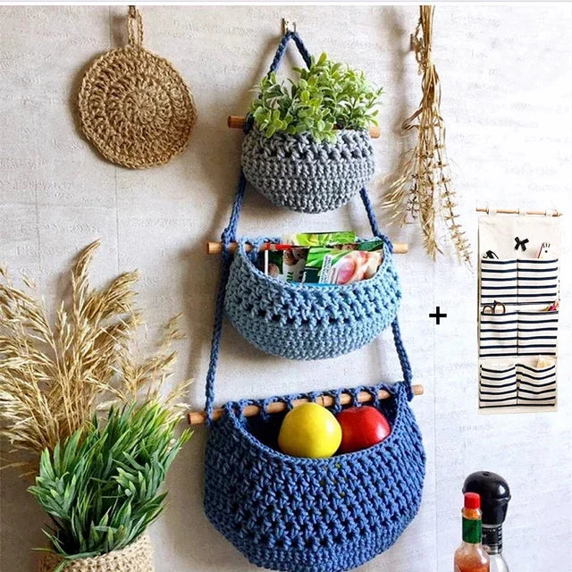 paniers suspendus en macramé lot de trois niveaux de rangement - vue 8 sur 9