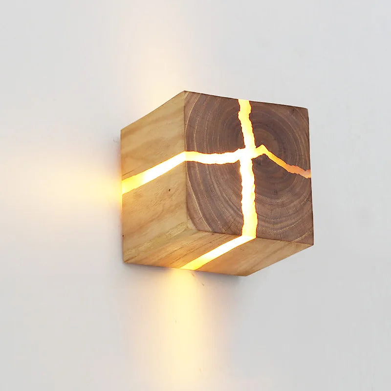 applique murale cube créatif en résine bois massif led fait main - vue 2 sur 9