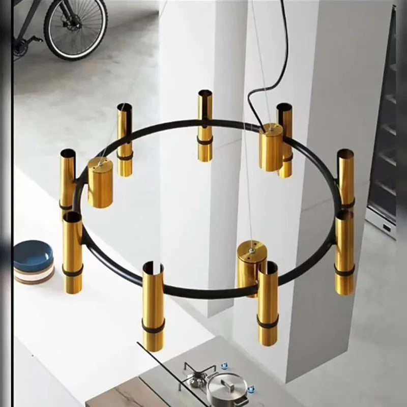 lustre en métal doré avec anneau noir réglable pour divers espaces - vue 5 sur 7
